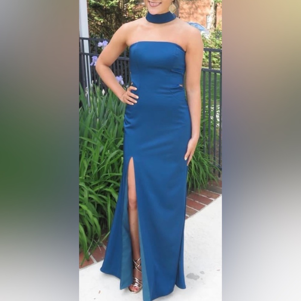 La Femme Strapless Satin Blue Prom Dress, Size 2 Unaltered